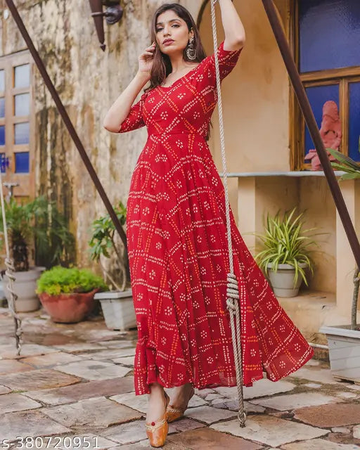 Red bandhej ankle length rayon kurti, printed combo, short sleeves, India-made