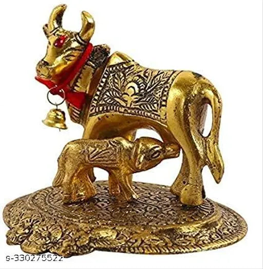 Brass golden Kamdhenu cow & calf figurine, symbolizing Hindu motherly love and prosperity, originated from India