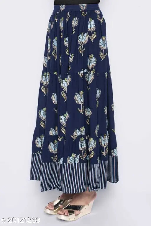 Blue, floral patterned, midi length skirt