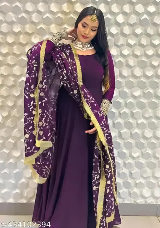 Maroon Georgette Embroidered Gown - Indian sequin-embroidered evening dress for women with three-quarter sleeves, perfect for weddings or special events