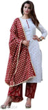 Stylish red and white cotton kurta set with matching pants