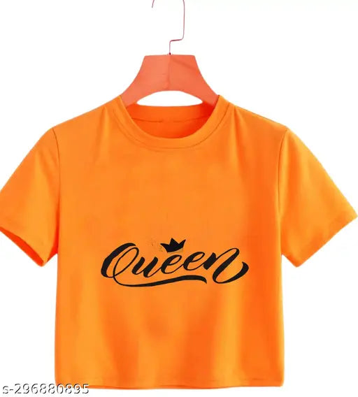 Orange slim-fit women's cotton blend QUEEN printed crop top, boho style and trendy fashion accessory