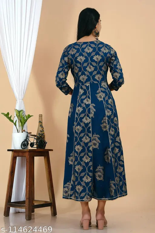 Printed rayon long anarkali kameez with flared bottom and cuffed sleeves