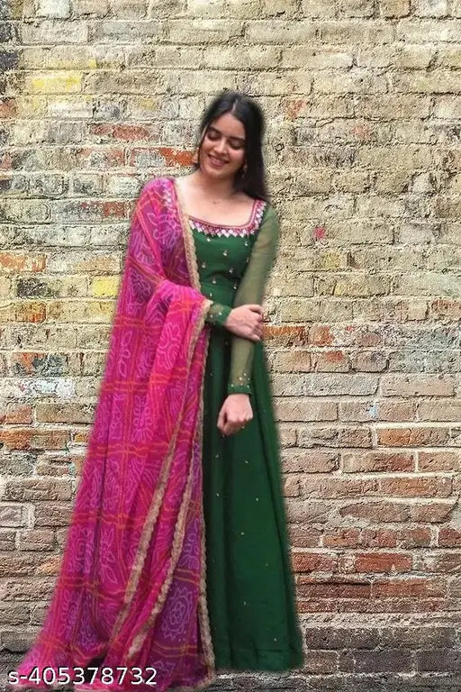Green mirror bandhani georgette dupata, embellished net, long sleeves
