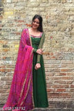 Green mirror bandhani georgette dupata, embellished net, long sleeves