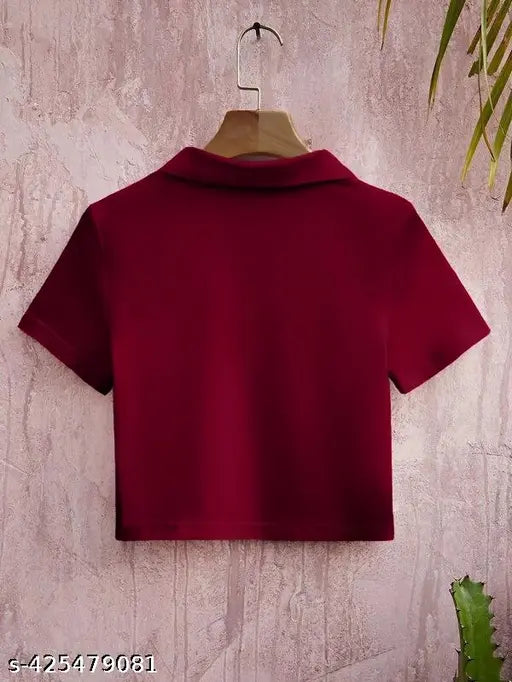 Cotton blend women's crop collar t-shirt, solid color with short sleeves, perfect for fashionable casual wear
