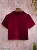 Cotton blend women's crop collar t-shirt, solid color with short sleeves, perfect for fashionable casual wear