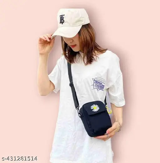 Fashionable navy blue fanny pack with white trim, adjustable strap, and a small pocket