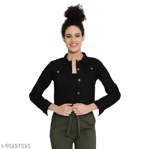 Denim twill jacket in colors, Indian-made women's fashion wear with regular collar, three-quarter sleeves, solid pattern, and button closure