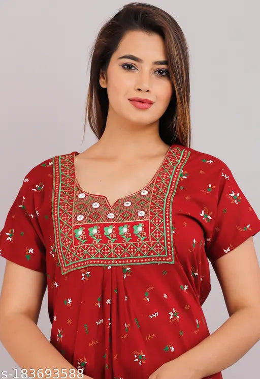 Indian-origin, cotton printed designer embroidered maxi dress with short sleeves