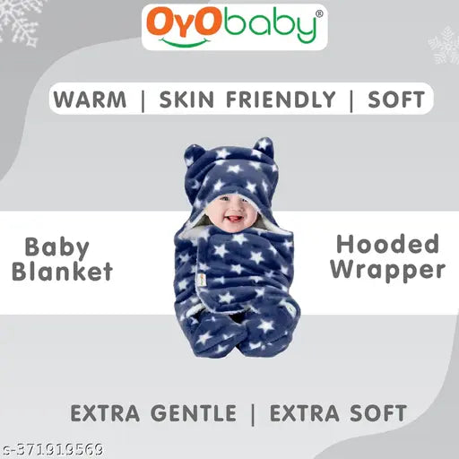 Soft, dark blue fleece baby blanket wrapper (OYO BABY Star), ideal for AC rooms and great gift, with accompanying bath towel. Cozy and lightweight comforter for 0-6 months, offering full warmth yet breathable for a comfortable sleep. Machine-stitched pattern ensures durability and longevity