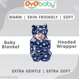 Soft, dark blue fleece baby blanket wrapper (OYO BABY Star), ideal for AC rooms and great gift, with accompanying bath towel. Cozy and lightweight comforter for 0-6 months, offering full warmth yet breathable for a comfortable sleep. Machine-stitched pattern ensures durability and longevity