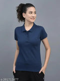Blue cotton blend polo t-shirt, Dollar Women's Solid Neck. Athletic, embroidered logo, short sleeves