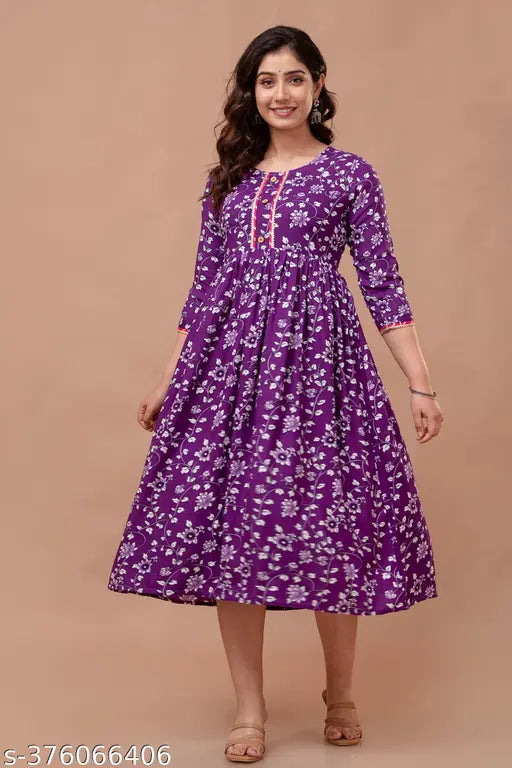 Purple printed anarkali kurta with flared sleeves and round neckline