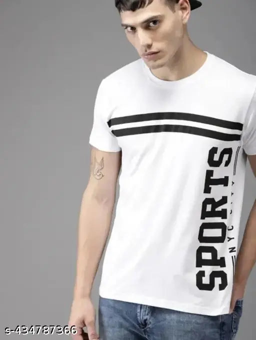Polyester printed round neck half-sleeve t-shirt for men, vibrant design on display