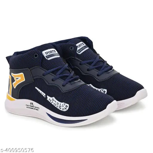 Blue and white kids' sports shoes with white soles and a logo on the side