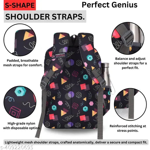 Black water-resistant polyester backpack, high storage for girls. Printed with fashionable design, perfect for school or travel. 18" in size, ideal for storing essentials