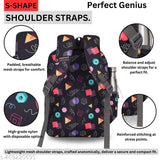 Black water-resistant polyester backpack, high storage for girls. Printed with fashionable design, perfect for school or travel. 18" in size, ideal for storing essentials