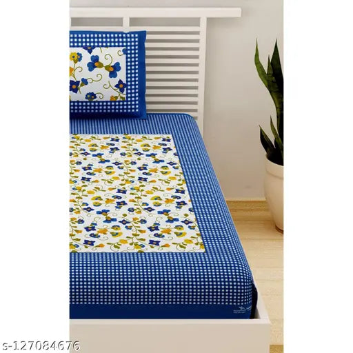 Blue 100% cotton Jaipuri single bedsheet with pillow cover, floral design for summer, ideal for adults