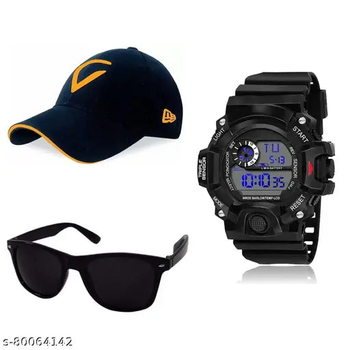 Cotton baseball cap and multi-functional digital sports watch combo pack of 3 for boys and men, India origin