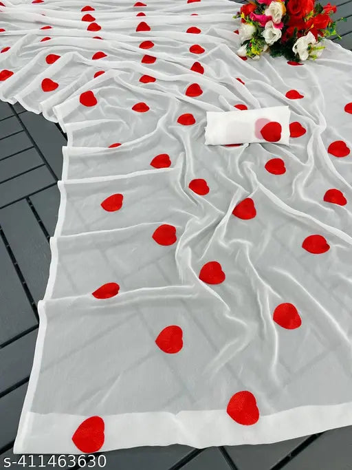 A white heart sari with red hearts, suitable for Valentine's Day celebrations