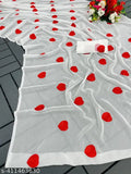 A white heart sari with red hearts, suitable for Valentine's Day celebrations