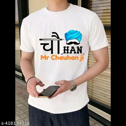 Blue self-cast design Pug Chauhan men's round neck half sleeves polyester shirt, printed pattern on front