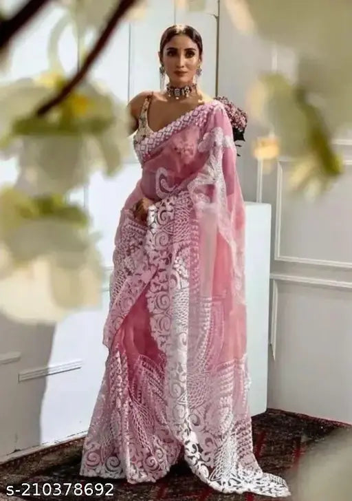 Heavy embroidery net saree, printed with intricate Indian motifs on a single free-size piece, satin blouse separate