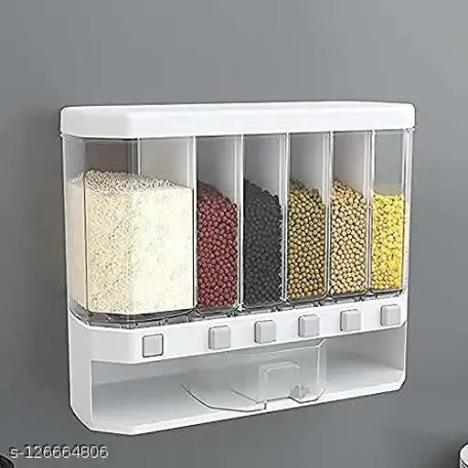 Wall-mounted food dispenser with six clear, airtight containers holding different types of dry food such as cereals, rice, nuts, candy, coffee beans, and snacks, providing space-saving storage for the kitchen