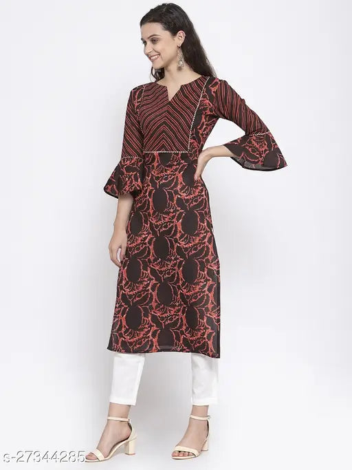 Cotton coffee brown abstract print straight kurta with three-quarter sleeves, round V-neck, contrast yoke, and light golden bead detailing. Indibelle Indian rayon garment, calf length, straight hemline