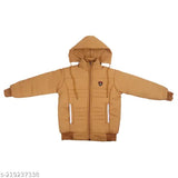 Kids winter jacket with long sleeves, cap, two front pockets, and a stylish zipper design