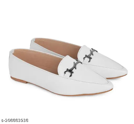 White synthetic flat loafers (Kiravi D-buckle), slip-on style for formal or casual western wear, Indian origin