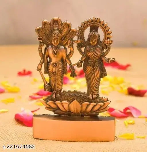 Copper Laxmi Narayan idol, 11cm tall, intricately handcrafted Indian god statue for home decor