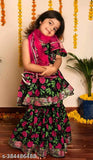 Black and pink printed cotton kurti sharara set with dupatta for kids - Anarkali style, above knee length, sleeveless, flared sharara pants, matching sheer dupatta, festive wear for 2-10 year olds