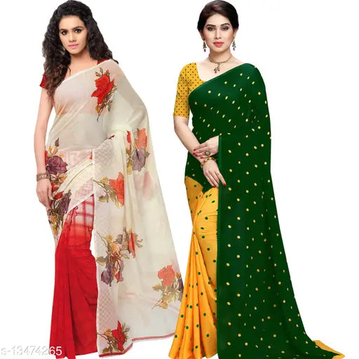 Set of 2 printed georgette sarees with blouse pieces, featuring floral and paisley designs in vibrant colors, presented on mannequins against a white background