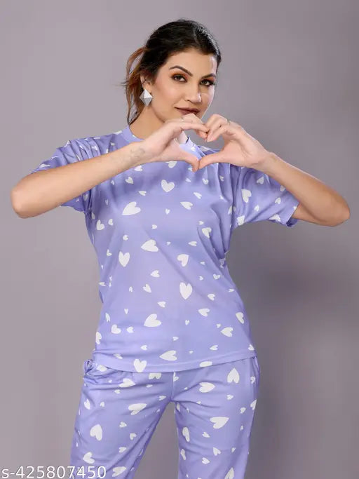 Divine alluring women's printed net pyjamas in polycotton, three-quarter sleeves