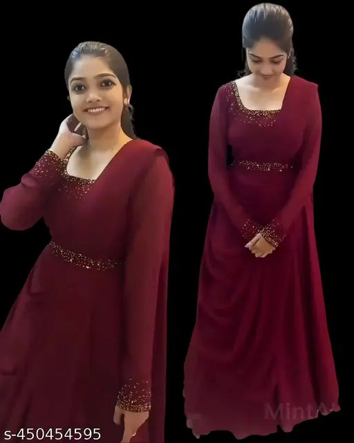 Maroon Georgette Daimand Gown, elegant solid maroon long-sleeved evening dress on hanger, India origin