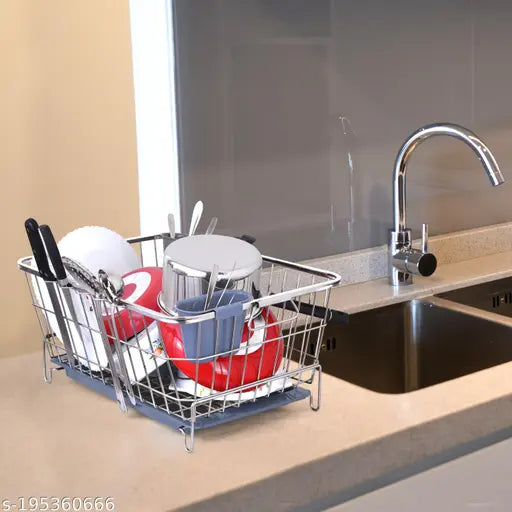 Stainless steel dish drainer rack with drip tray and utensil drying stand, kitchen sink counter top