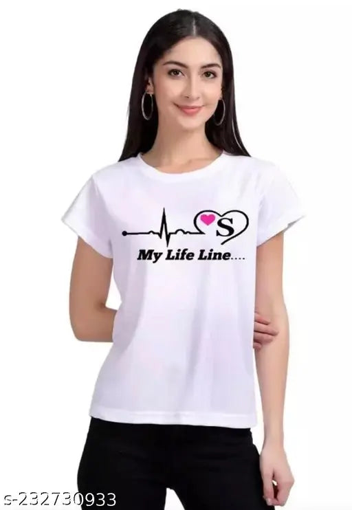 Polyester short-sleeve women's t-shirt, printed 'My Life Line', size S (34in chest, 23in length), Indian origin