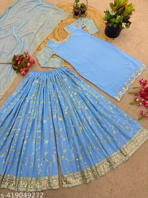 Heavy faux georgette blue dress with embroidery, sequins, and embellishments, full-length sari