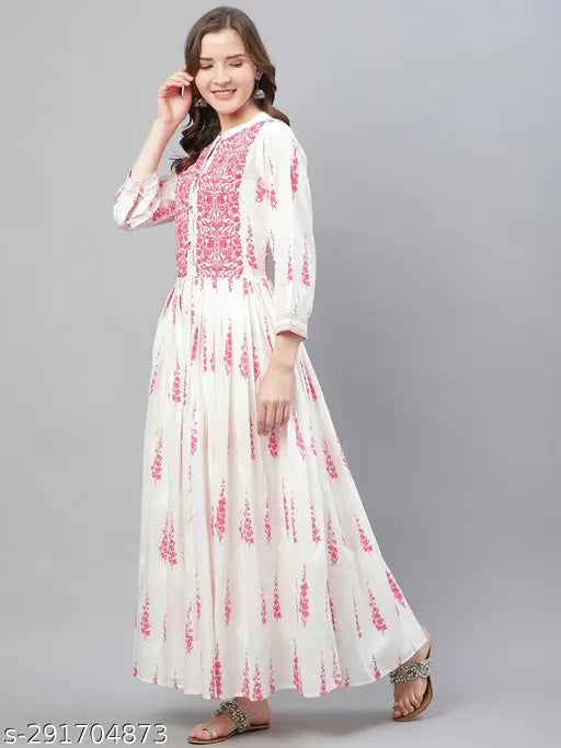 Off-white cotton Anarkali Kurta with pink floral print, ideal for parties and festivals. Three-quarter sleeve length, made in India