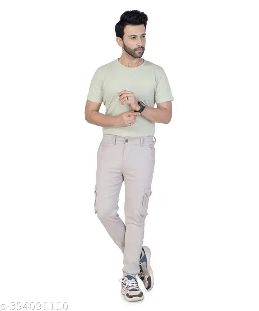 Men's cream cargo joggers, cotton blend solid net, affordable premium quality clothing from We Vinayak Enterprise, Mumbai, India