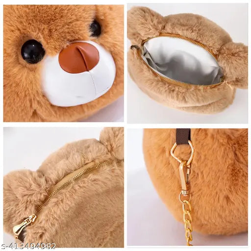 Cute, furry crossbody bag with shoulder strap, suitable for kids and girls. Features a faux rabbit fur texture on a black background. Ideal for fashion-conscious young girls who enjoy sling bags and traveling or attending parties