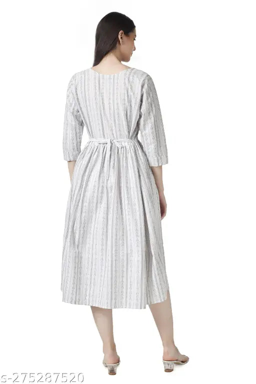 Designer white cotton blend striped maxi dress, three-quarter sleeves, daily wear for women sizes S-XXL (Origin: India)