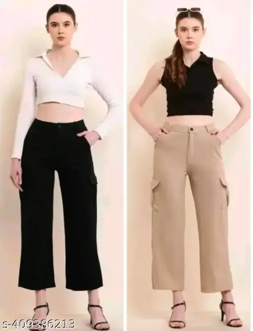 Tan cargo pants, black crop top, women's fashion
