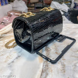 Black crocodile skin embossed leather sling bag
