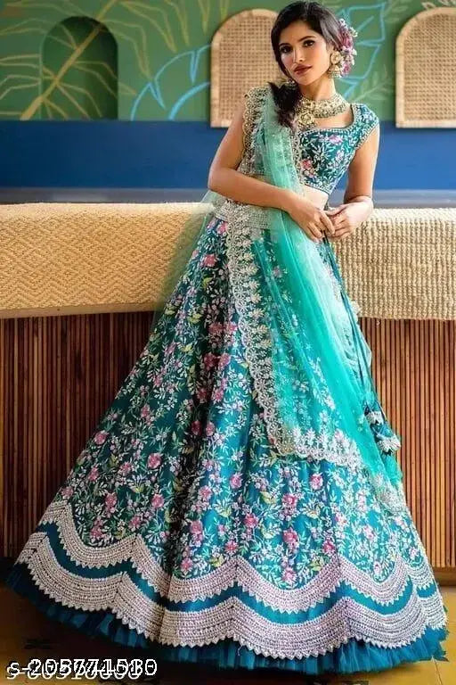 White and gold art silk lehenga choli set with floral applique for bridal wedding, semi-stitched (waist 44in, length 42in, dupatta 2.2in)