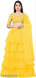 Embroidered net lehenga and crop top with ruffled dupatta, Indian bridal wear on display
