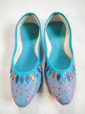 Sky blue synthetic mojaris with embellished pattern, closed back and comfortable fit - Indian footwear