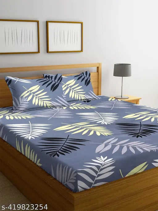 White botanical 200 TC cotton bedsheet with 2 king-size pillow covers, wrinkle-free & breathable for summer